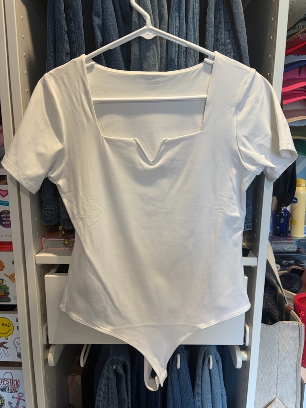 White Short-Sleeve Bodysuit Top - Classic Square Neck